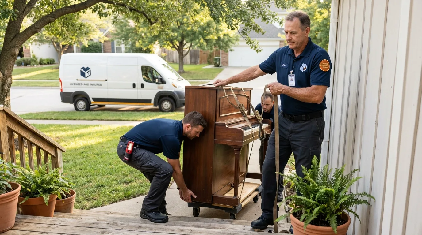 Licensed piano movers securing grand piano in Old Orchard Beach, ME