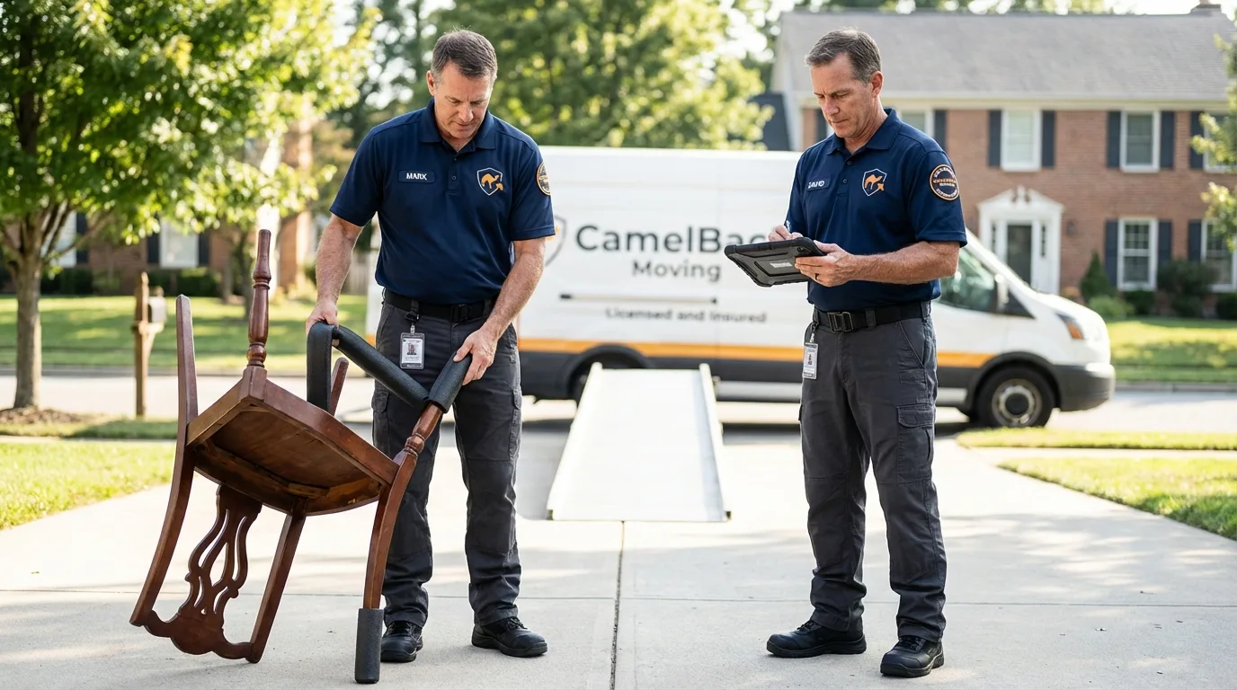 Movers inspecting furniture for damage prevention before loading in Old Orchard Beach, ME