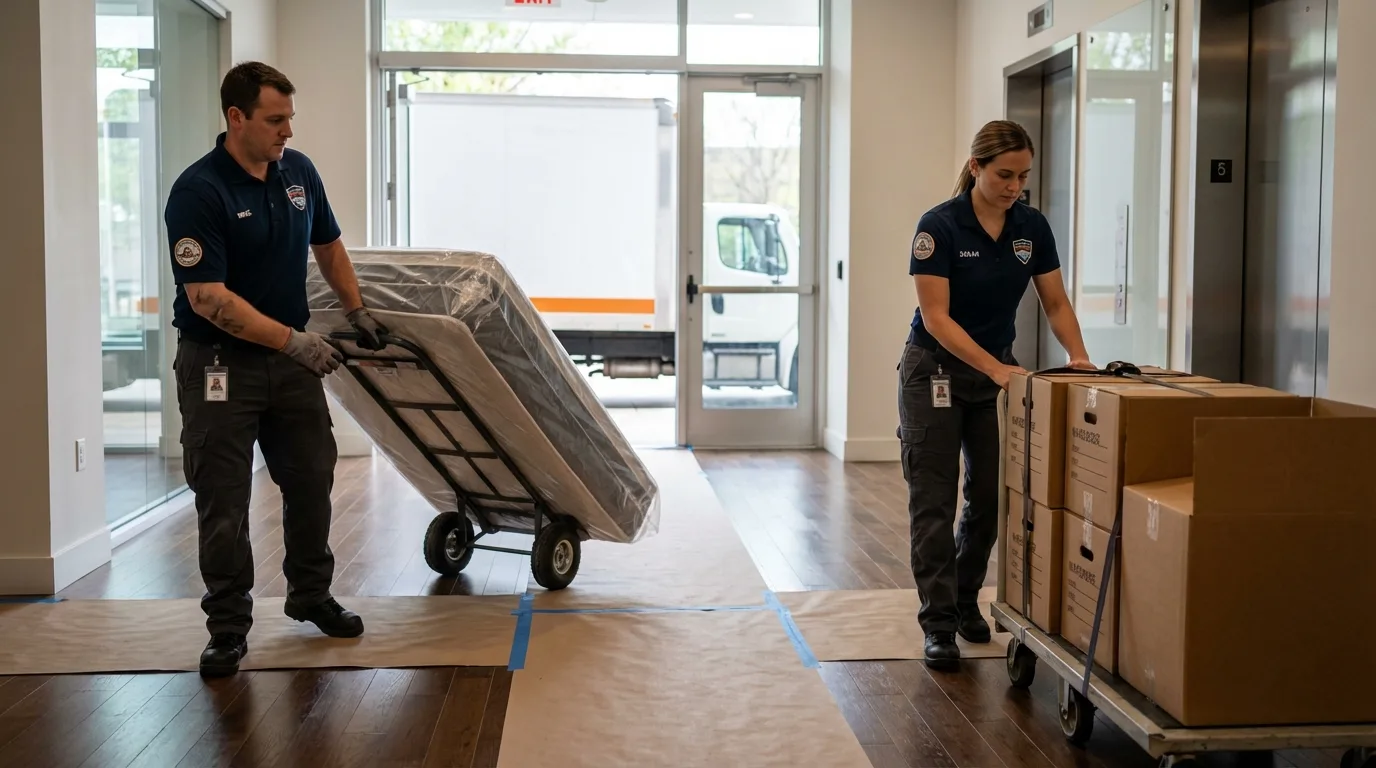 Professional apartment movers loading elevator in Old Orchard Beach, ME