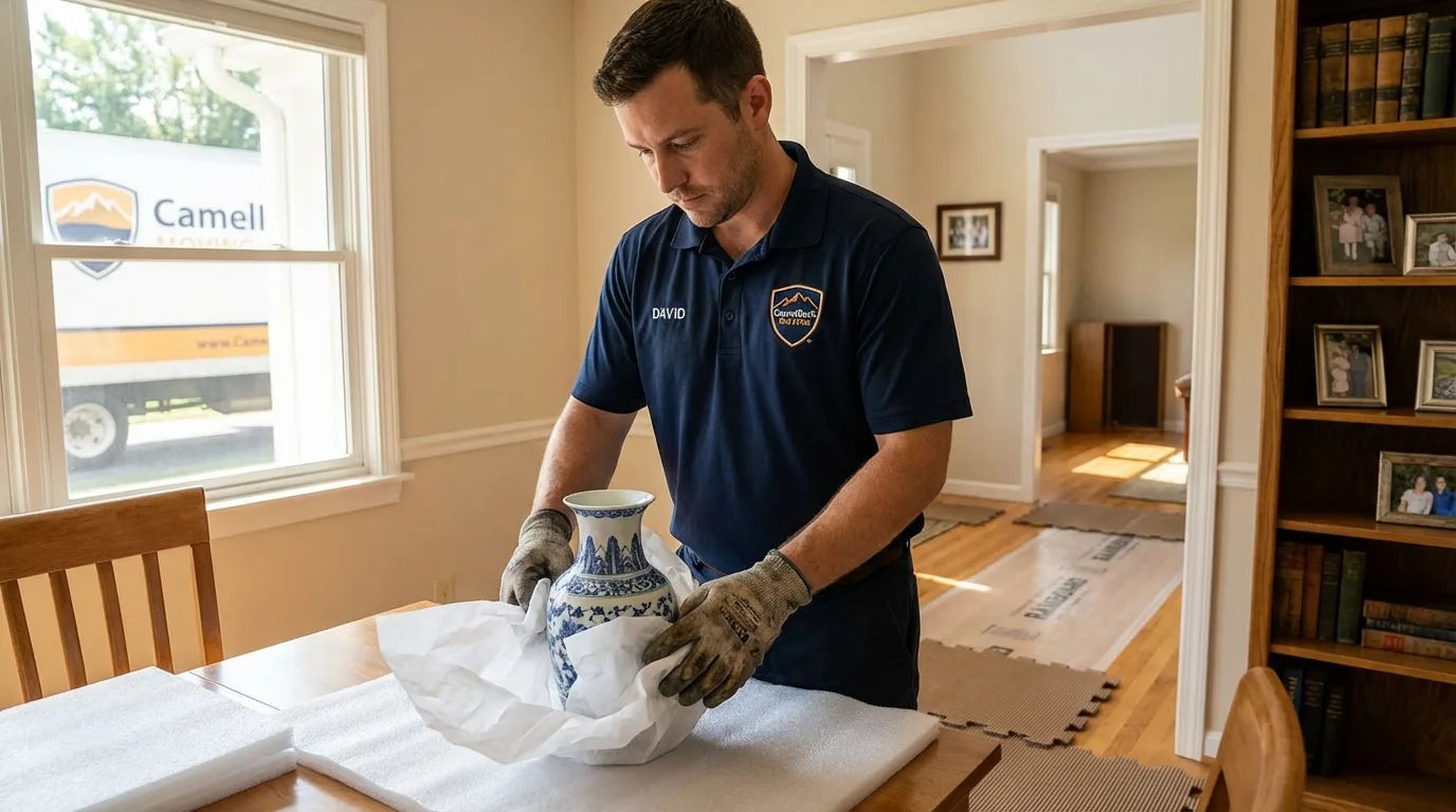 Professional crew carefully wrapping antique vase for senior downsizing move in Old Orchard Beach, ME